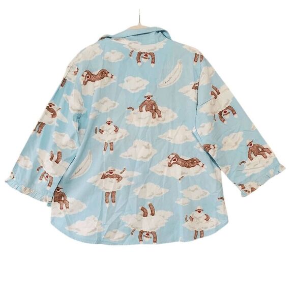 Nick & Nora Women's Sock Monkey Clouds Ruffle Hem Sleeves Button Down Pajama Top - Picture 4 of 7